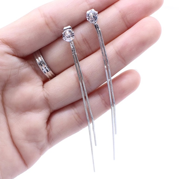 'Elise' Drop Silver Crystal Snake Chain Earrings - Picture 7 of 10